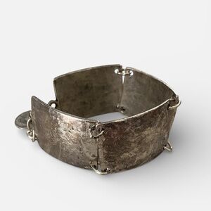 Silver Tone Panel Link Textured Metal Bracelet J Hook Bohemian Artisan